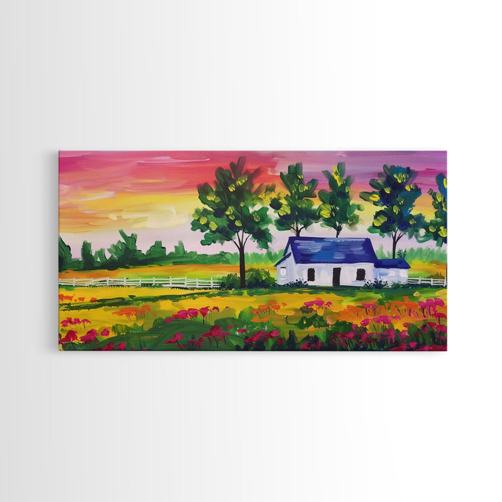 Vibrant Farmhouse Scene with Trees and Flowers, Perfect Living Room Art, Framed Canvas Print, Rustic Home Decoration, Minimalist Decor