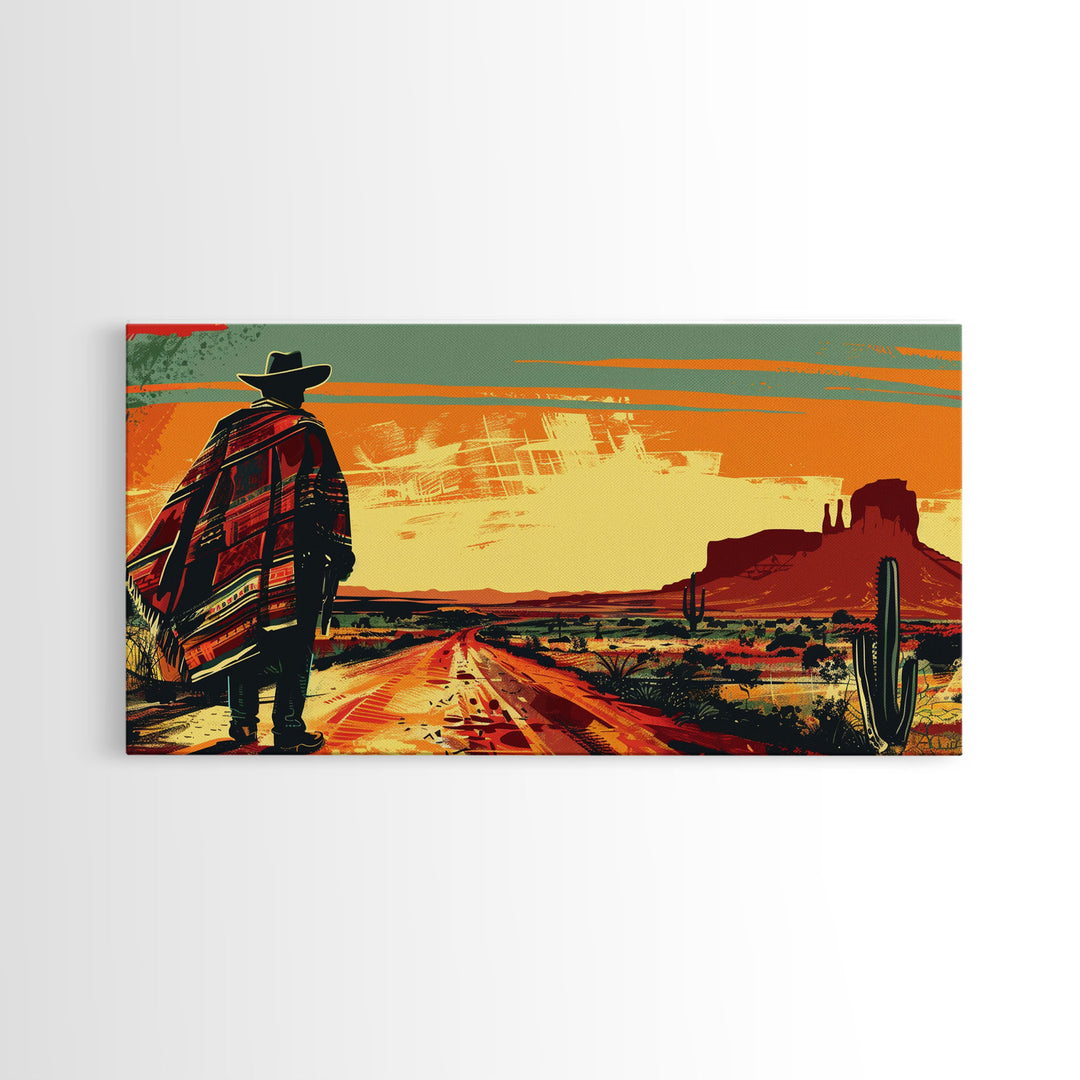 Abstract Cowboy in Desert Sunset Scene, Boho Bedroom Art, Framed Canvas Print, Modern Living Room Decoration, Rustic Wall Art