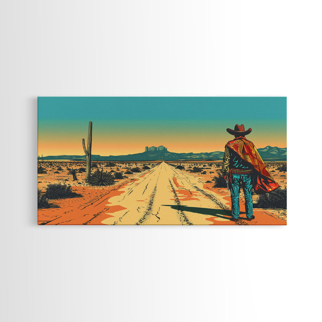 Western Cowboy in Desert Landscape, Rustic Wall Art, Framed Canvas Print, Boho Bedroom Decor, Vintage Home Decoration