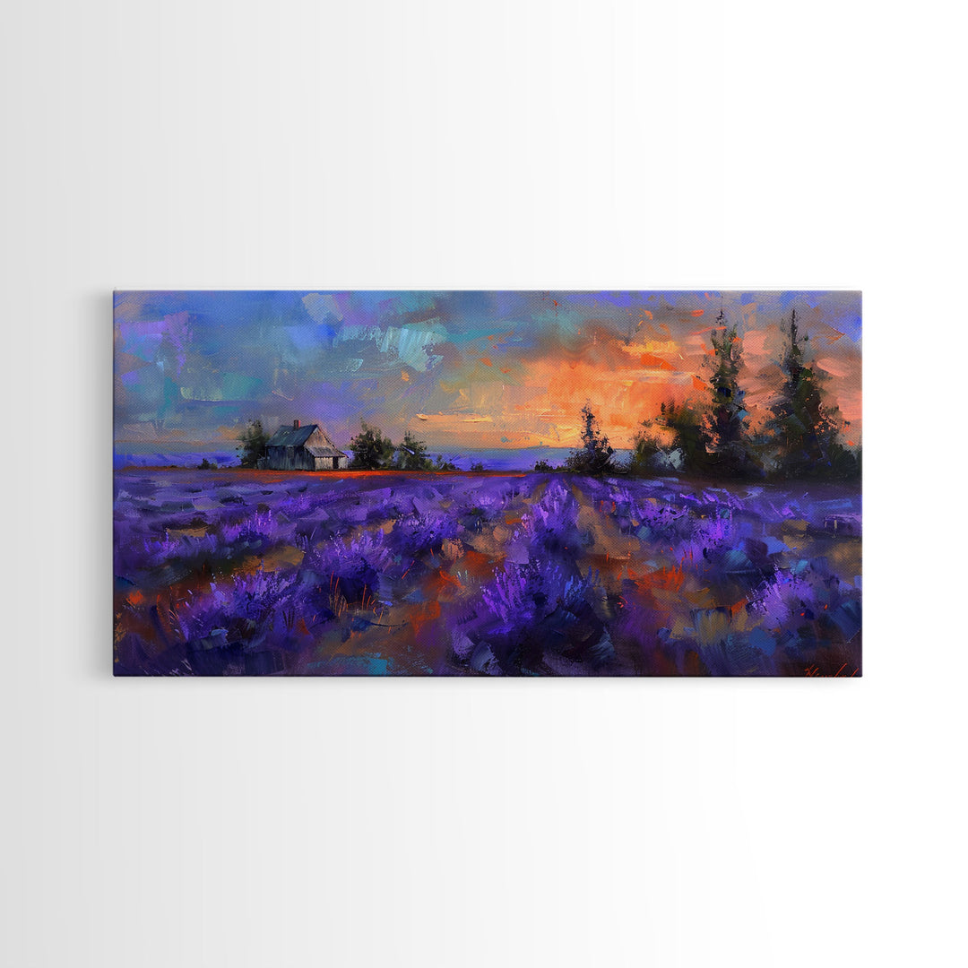 Sunset Over Lavender Field, Romantic Landscape Art, Framed Canvas Print, Cottagecore Decor, Purple Wall Art, Farmhouse Style