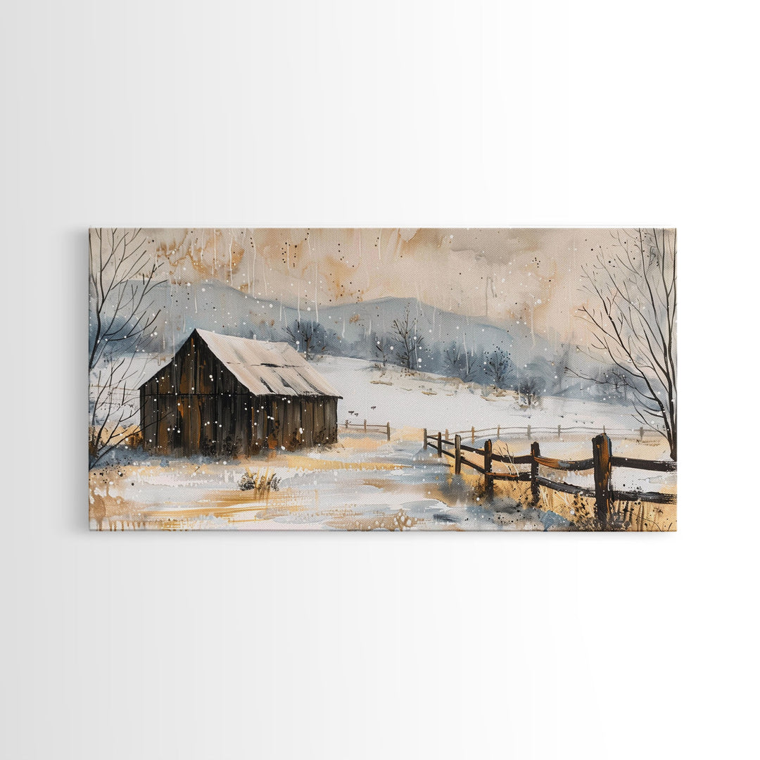 Snowy Barn in Winter Field, Framed Canvas Print, Rustic Wall Art, Living Room Decor, Farmhouse Style, Winter Landscape