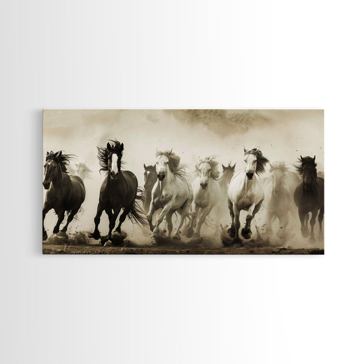 Majestic Running Horses in Dusty Field, Framed Canvas Print, Western Wall Art, Living Room Decor, Nature Scene, Horse Art