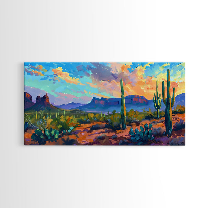 Desert Sunset with Cacti and Mountains, Abstract Southwestern Art, Framed Canvas Print, Rustic Boho Wall Decor, Living Room Art