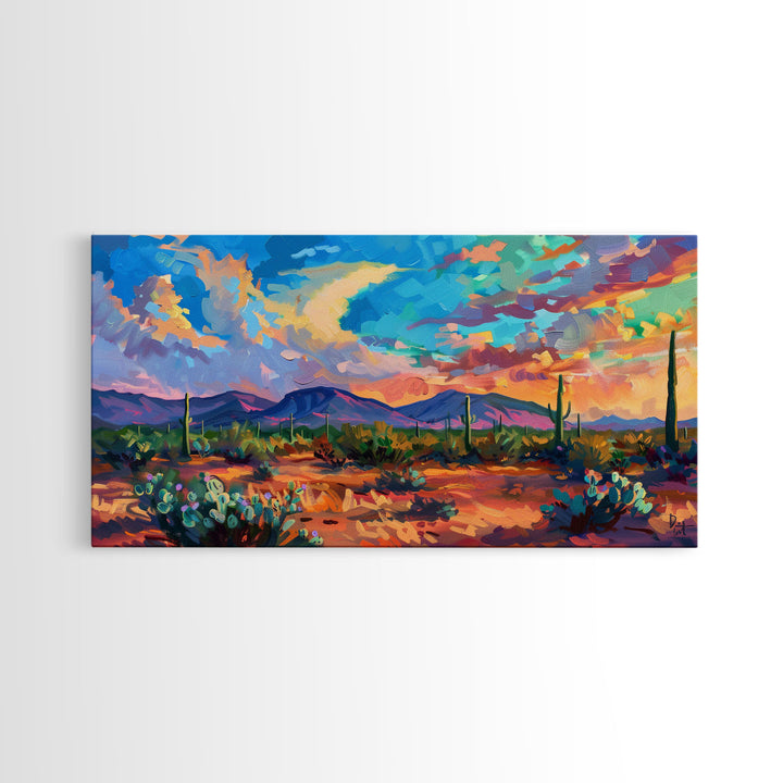 Vibrant Desert Sunset Landscape with Cacti, Framed Canvas Print for Living Room Art, Perfect for Boho and Southwestern Decor