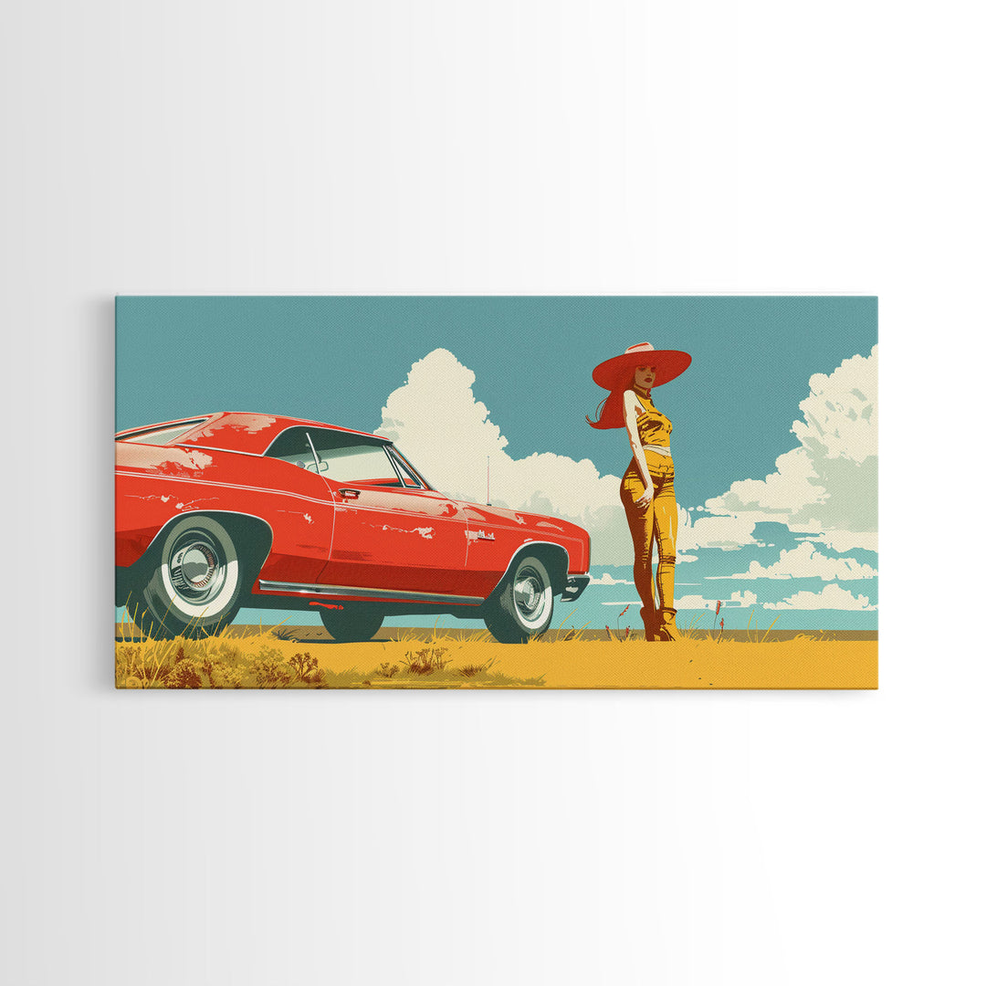 Vintage Cowgirl and Classic Red Car in Pop Art Style, Framed Canvas Print for Bedroom Decor, Perfect Living Room Wall Art