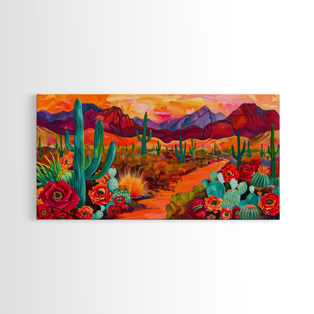 Vibrant desert scene with cacti and blooming flowers, Framed Canvas Print for boho living room, southwestern home decor art