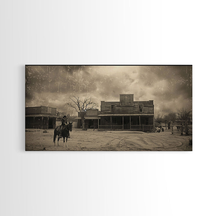 Cowboy Riding Through Old Western Town, Framed Canvas Print for Living Room Decor, Ideal Bedroom Wall Art, Vintage Western Scene