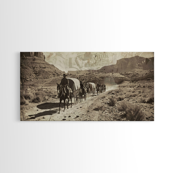 Western Wagon Trail through Desert Canyon, Framed Canvas Print for Farmhouse Living Room Wall Art, Vintage Home Decor, Rustic Scene