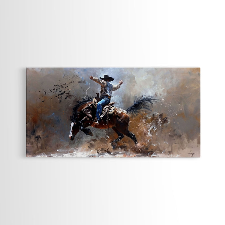 Rodeo Cowboy on Bucking Horse, Farmhouse Style Framed Canvas Print for Bedroom Wall Art, Rustic Home Decor, Western Action Art