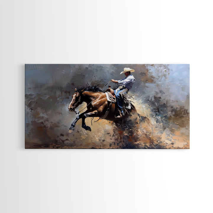 Intense Rodeo Bucking Horse and Cowboy, Vibrant Framed Canvas Print, Great for Western Living Room Art, Bedroom Decor, Rustic Home Wall Art