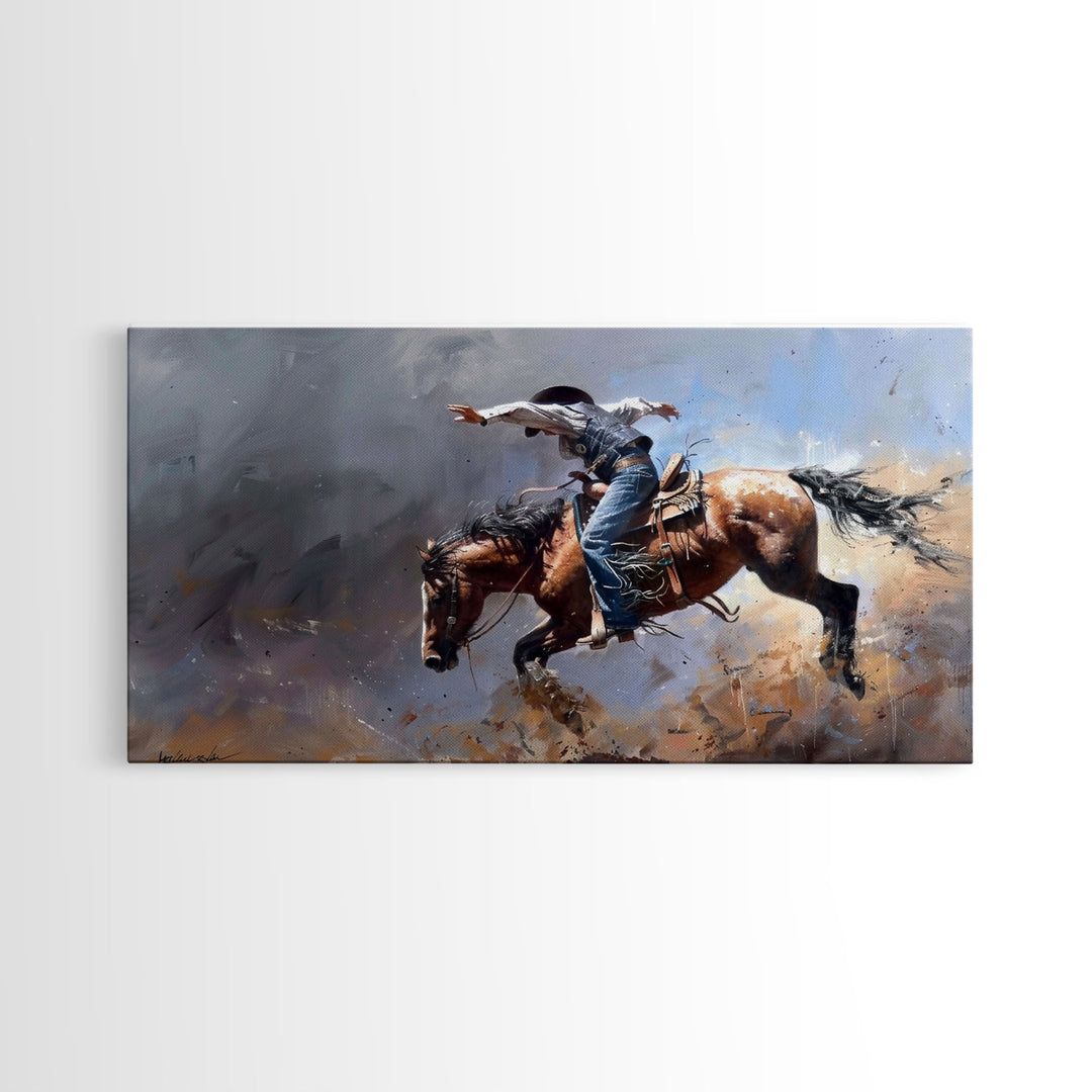 Powerful Rodeo Horse in Mid-Buck, Striking Framed Canvas Print, Perfect for Living Room Art, Western Bedroom Decor, Cowboy Wall Art