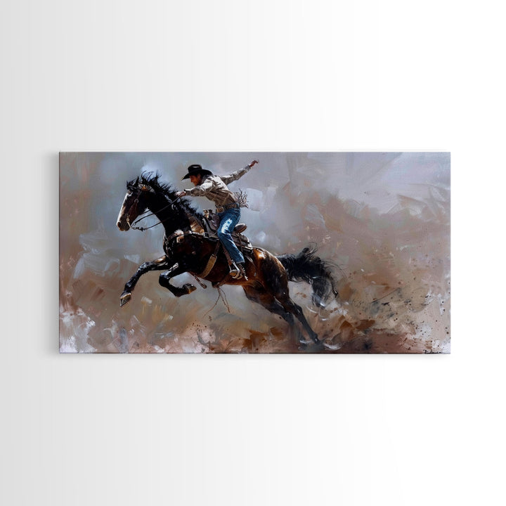 Action-Packed Rodeo Scene with Bucking Horse, Beautiful Framed Canvas Print, Western Living Room Art, Rustic Bedroom Decor, Wall Art