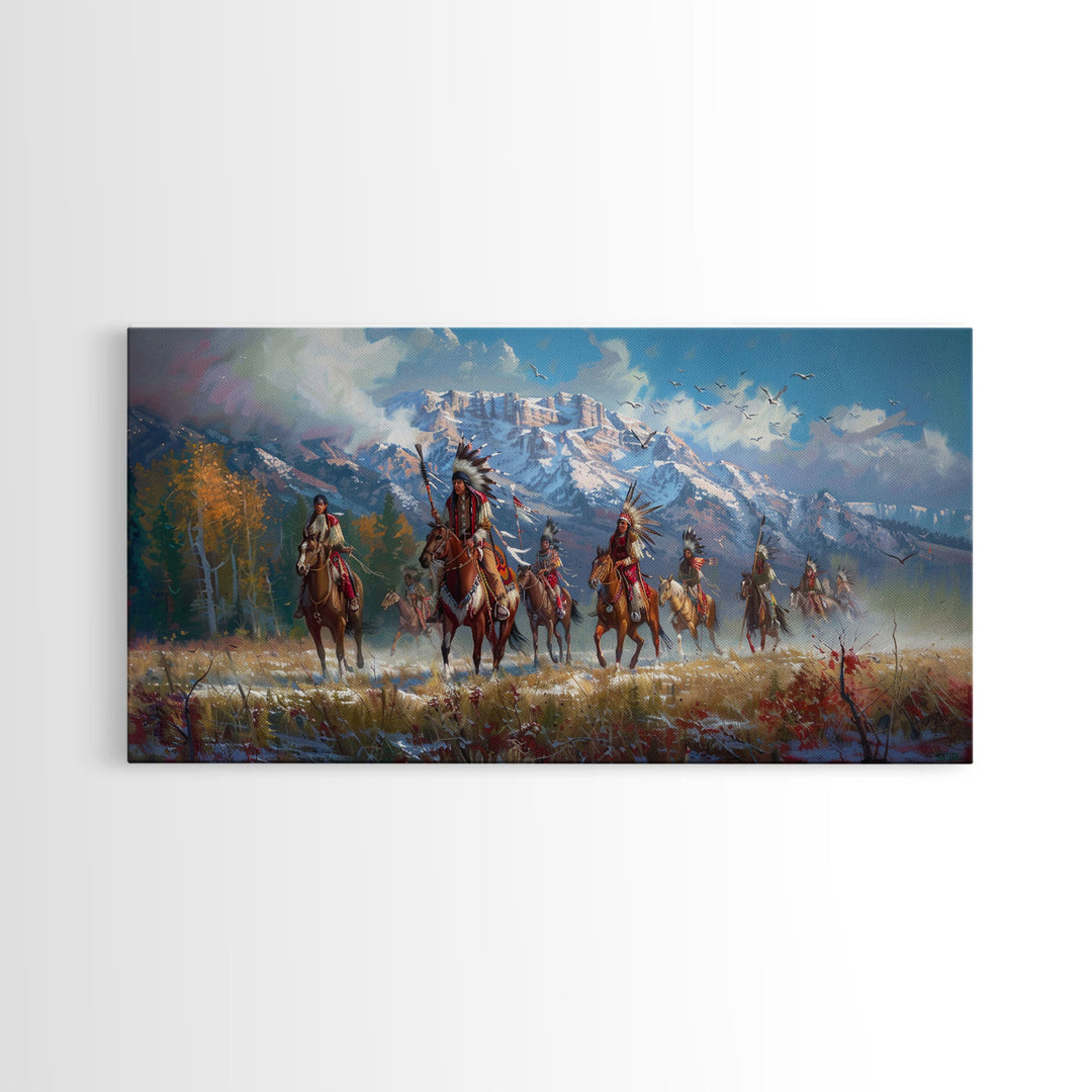 Native American Warriors Riding Through Snow-Capped Mountains, Ideal Wall Art, Framed Canvas Print Living Room Bedroom Decor, Historical Art