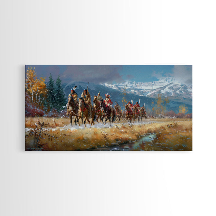 Tribal Warriors Journeying Through Snowy Landscape, Perfect Wall Art, Framed Canvas Print for Living Room or Bedroom Decor, Historical Art