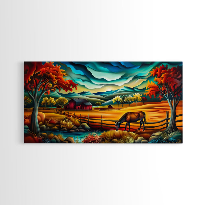 Abstract Colorful Farm Scene with Grazing Horse, Ideal Wall Art, Framed Canvas Print for Living Room or Bedroom Decor, Vibrant Nature Art