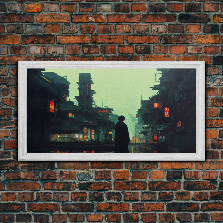 Japanese Style Cyberpunk City, Futuristic Cyberpunk Art, Framed Canvas Print, Ready To Hang Wall Art, Framed Wall Art, Hard Boiled