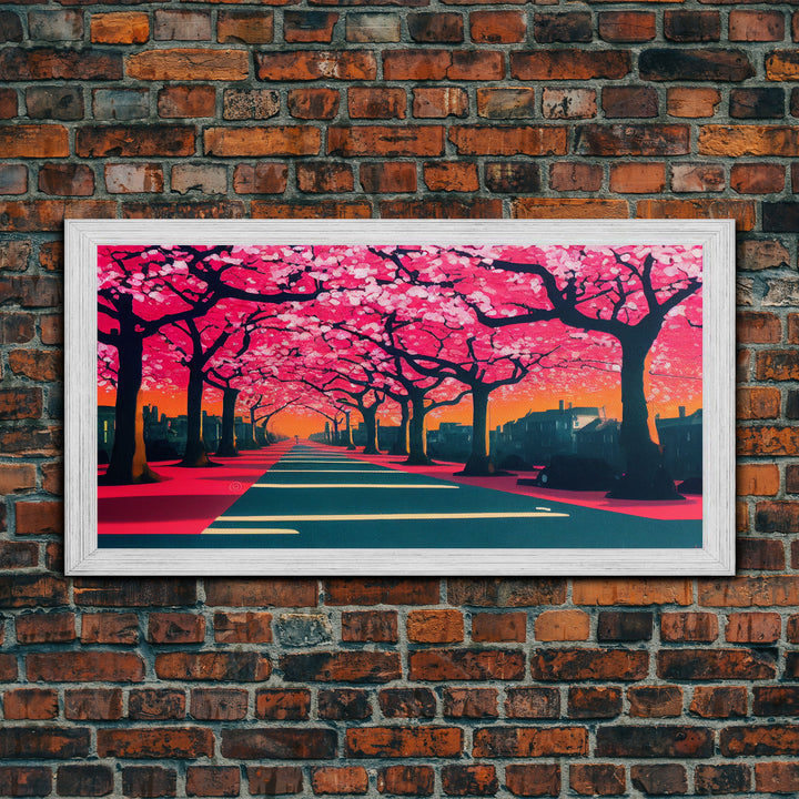 Street lined with Cherry Blossoms, Cherry Blossom Tree  Art, Framed Canvas Print, Ready To Hang Wall Art, Framed Wall Art