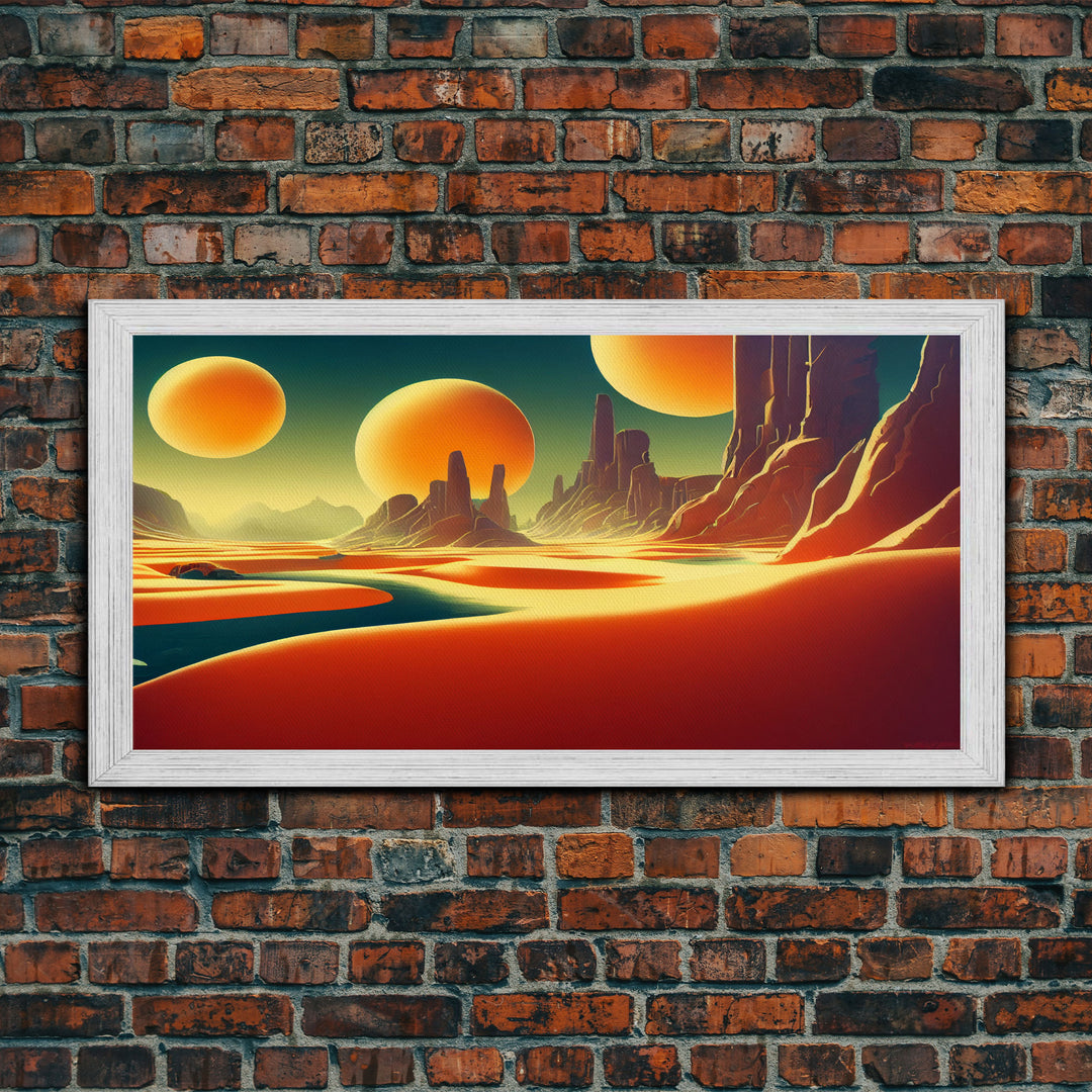 Trippy Art Deco Scifi Painting of an Alien World,  Wall Decor, Ready To Hang Framed Canvas Print, Oversize Wall Art