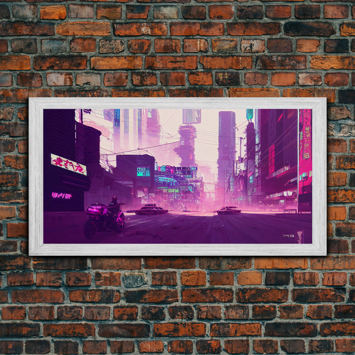 Cyberpunk Watercolor Tokyo Painting, Outrun Vibes Art, Wall Decor, Ready To Hang Framed Canvas Print, Oversize Wall Art