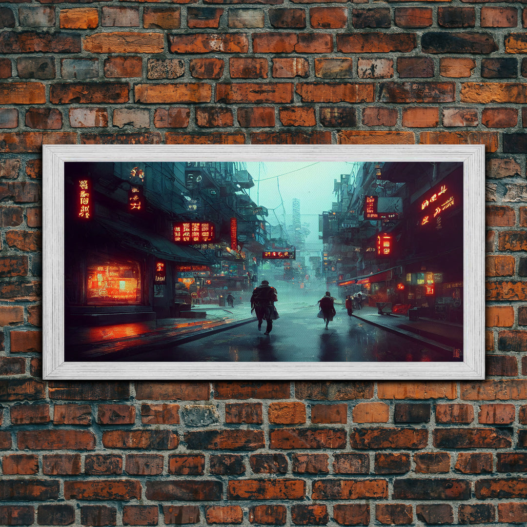 Cyberpunk City, Bladerunner Vibes Dystopian Cityscape, Wall Decor, Ready To Hang Framed Canvas Print, Oversize Wall Art