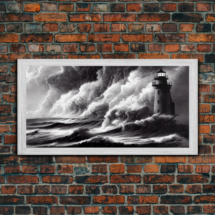 Lighthouse in a storm, black and white, tsunami waves, framed canvas print, ready to hang framed wall art