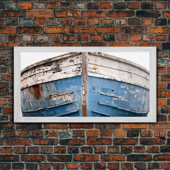 Photo Of An Old Wooden Boat With Peeling Paint, Framed Canvas Print, Nautical Wall Art, Lakehouse Decor