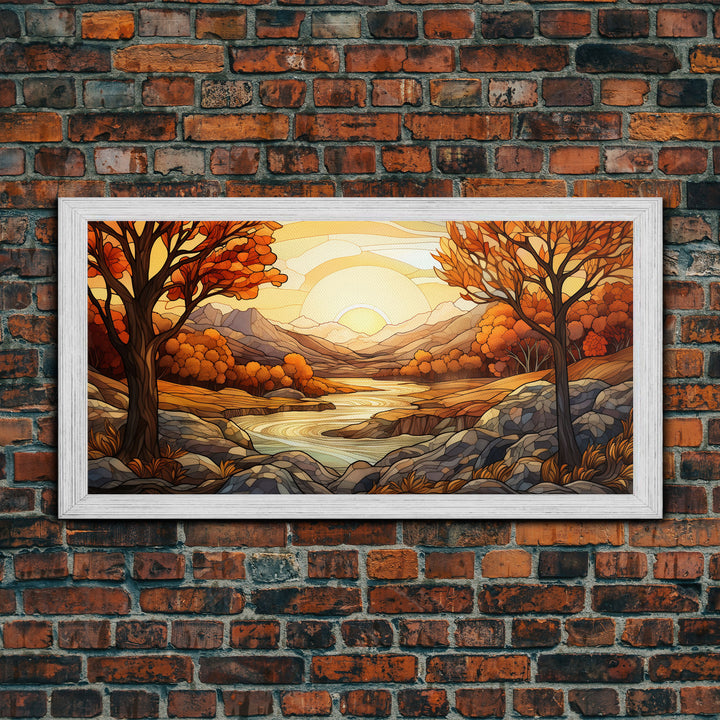 Fall Centerpiece Landscape Painting Canvas Print, Stained Glass Style Art, Stained Glass Wall Art, Autumn Decor, Rustic Fall Art, Fall Decor