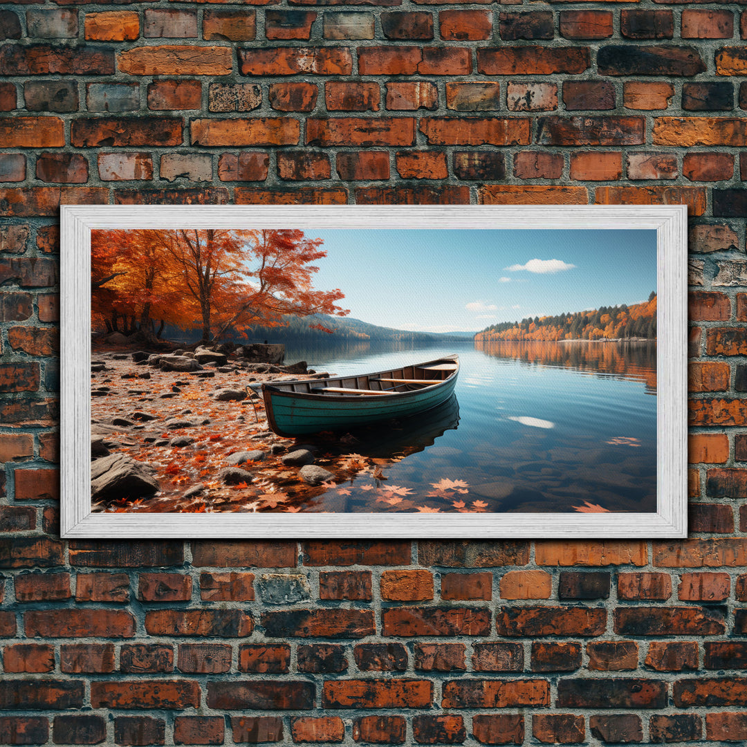 Pacific Northwest Photography Print, Beautiful Lake With Canoe In The Fall, Framed Canvas Print, Photography Decor, Fall Decor