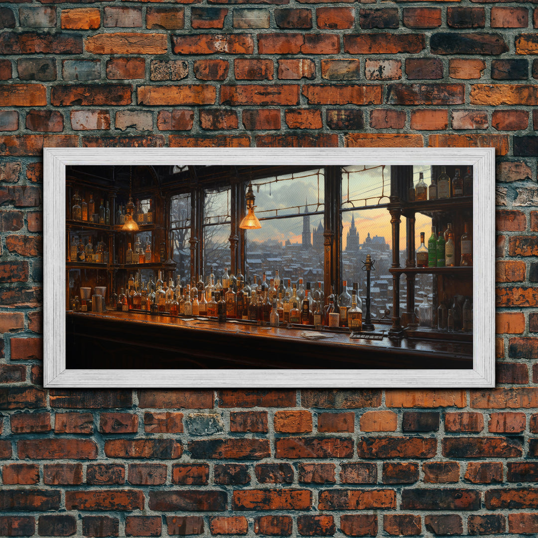 Old Timey Western Bar, Oil Painting Of A Vintage Bar Overlooking The City, Kitchen Art, Kitchen Wall Art, Home Bar Decor, Bar Cart Art