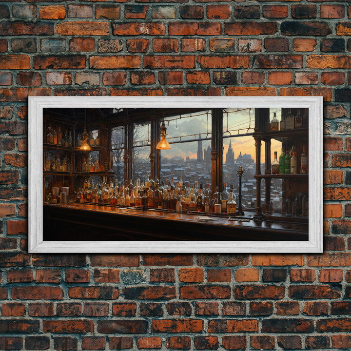 Old Timey Western Bar, Oil Painting Of A Vintage Bar Overlooking The City, Kitchen Art, Kitchen Wall Art, Home Bar Decor, Bar Cart Art