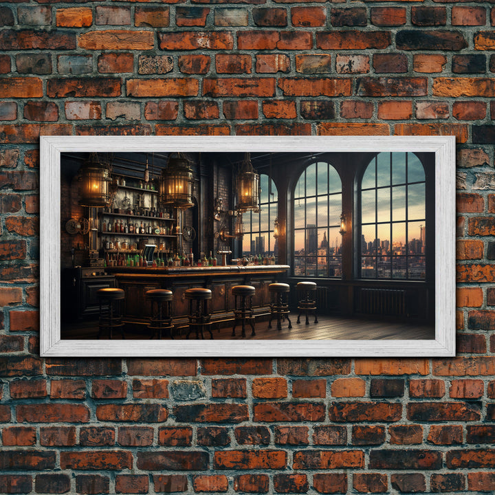 Fall Bar Decor Framed Canvas Print, Oil Painting Of A Vintage Bar In An Industrial Loft, Fall Centerpiece, Fall Decor, Cart Art