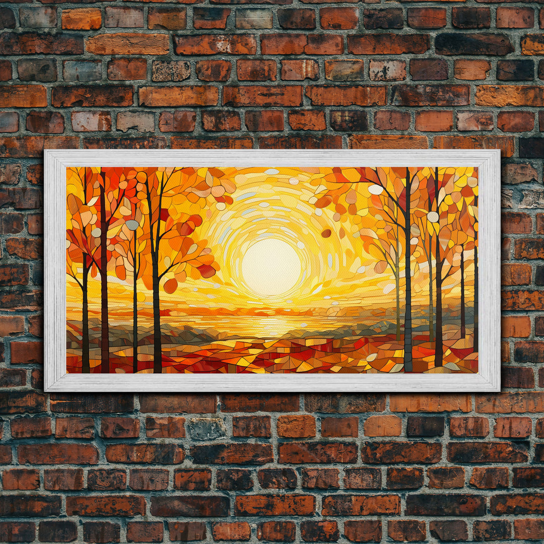 Beautiful Fall Decor Centerpiece Framed Canvas Print, Autumn Decor, Fall Wall Art, Above Mantle Wall Art, Stained Glass Style