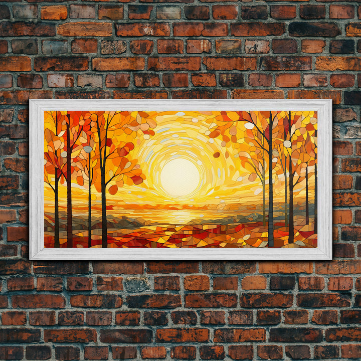 Beautiful Fall Decor Centerpiece Framed Canvas Print, Autumn Decor, Fall Wall Art, Above Mantle Wall Art, Stained Glass Style