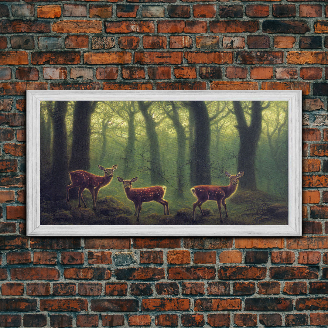 Does in a majestic forest, whitetail deer art, framed canvas print, ready to hang framed wall art