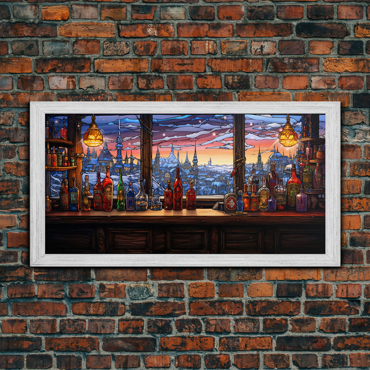 Tavern Art, Window, Winter Wall Art, Bottles Print, Canvas Print, Wall Hanging, Landscape Art, Family Room Art, Business Gift, Travel Print