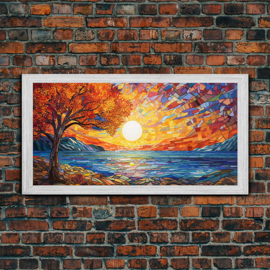 Mosaic Wall Art, Abstract Wall Print, Sunset, Lake Art, Canvas Print, Wall Hanging, Panoramic Art, Dining Room Decor, Realtor Thank You