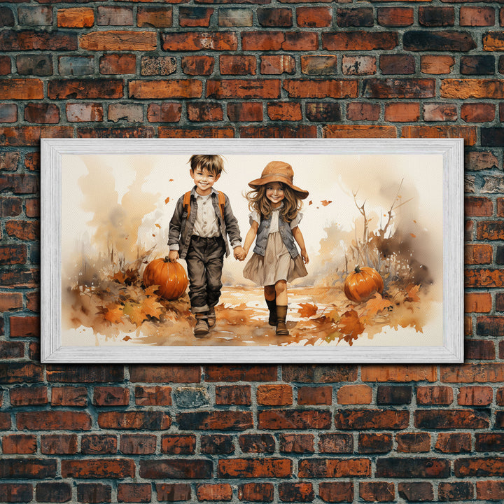 Boy And Girl Holding Hands, Fall Wall Decor, Canvas Print, Wall Hanging, Panoramic Art, Kids Wall Art, Nursery Wall Art, Gifts For Grandma