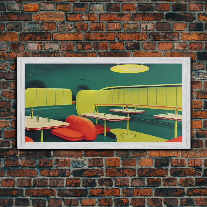 Retro Art, Lime green 1950s style art deco diner, framed canvas print, ready to hang framed wall art