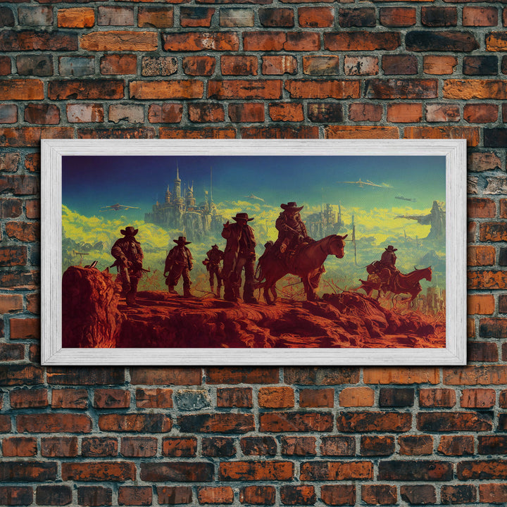 Space Cowboys, Wildwest Scifi Mashup Fantasy Art, framed canvas print, ready to hang framed wall art