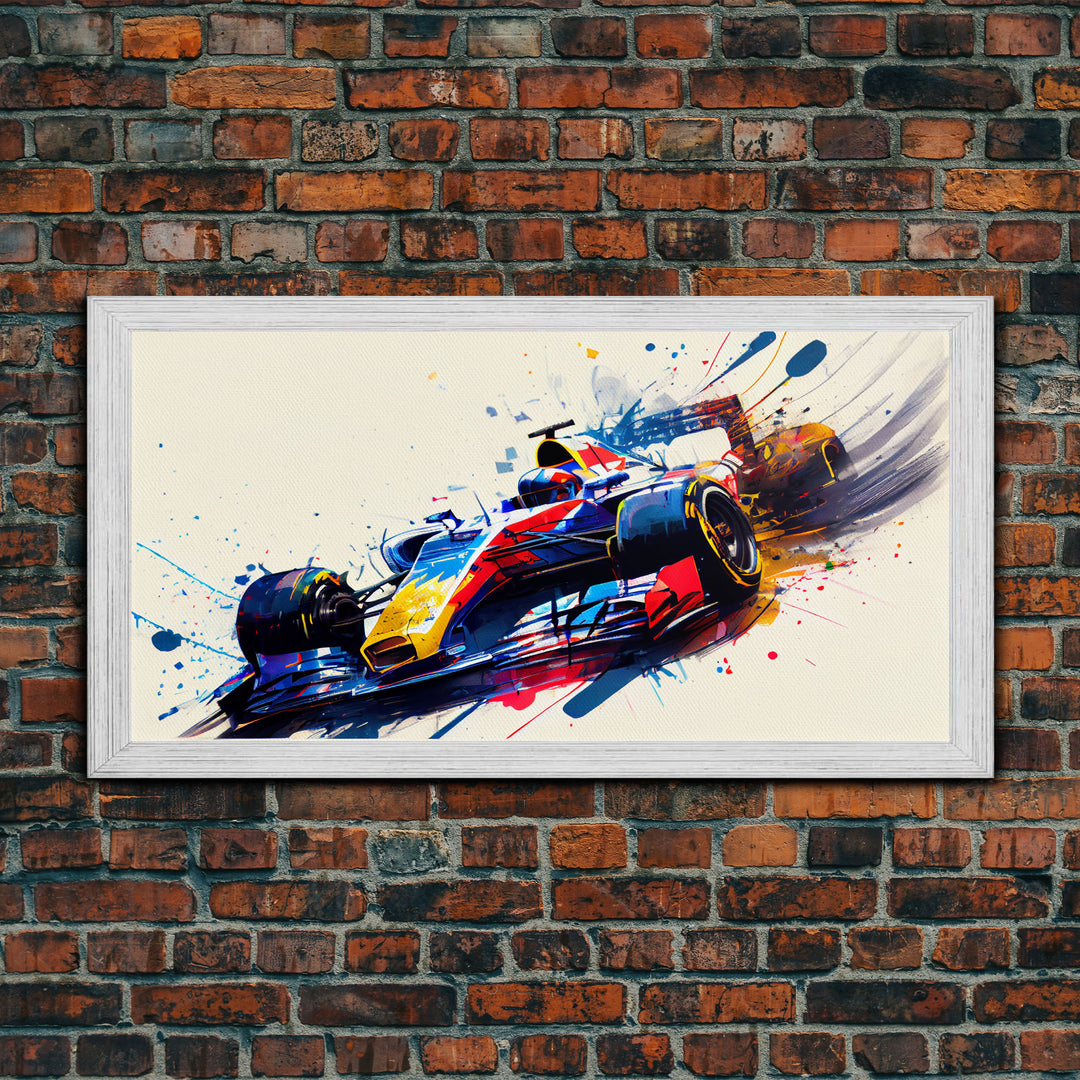 Graffiti Art, Formula One, F1 Race  Car Splatter Paint Art, Framed Canvas Print