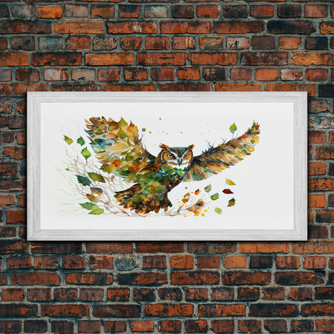 Owl wall art, framed canvas print, owl decor, nature art, owl print, owl painting, owl made of leaves double exposure art