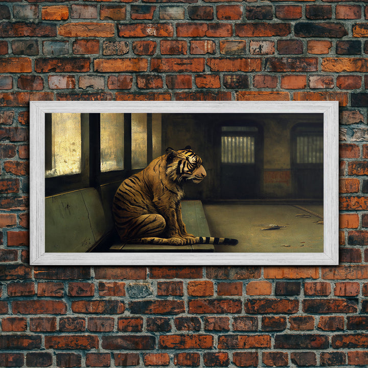 Tiger in a Subway train car, Post-apocalyptic urban decay art, framed canvas print