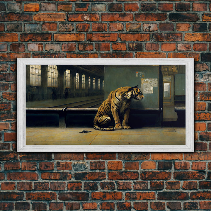 Tiger in a Subway train station, Post-apocalyptic urban decay art, framed canvas print