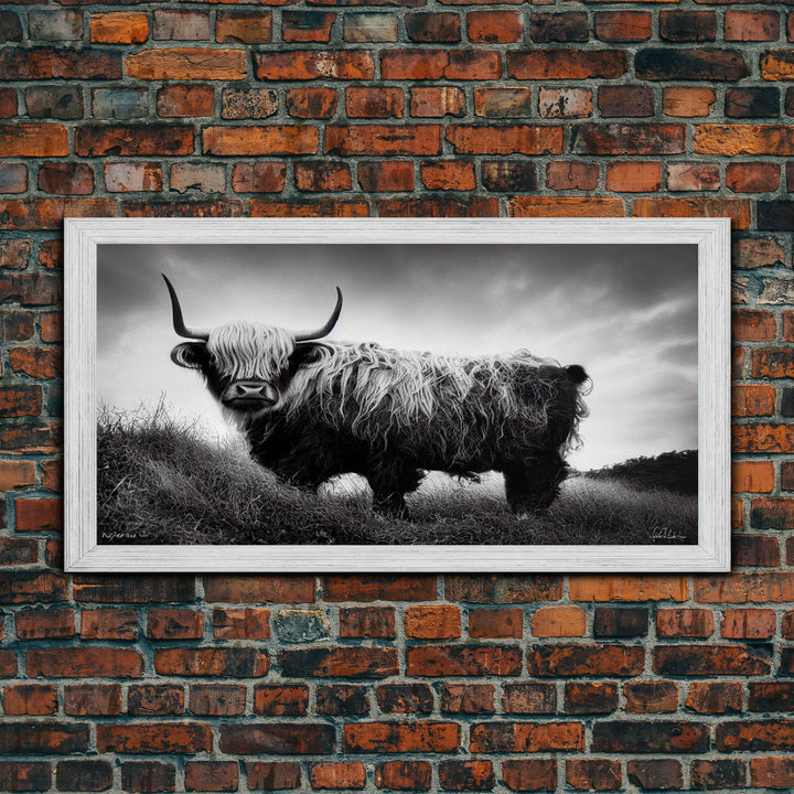 Highland cow, calf art, highland cow black and white watercolor, framed canvas print, bull wall art