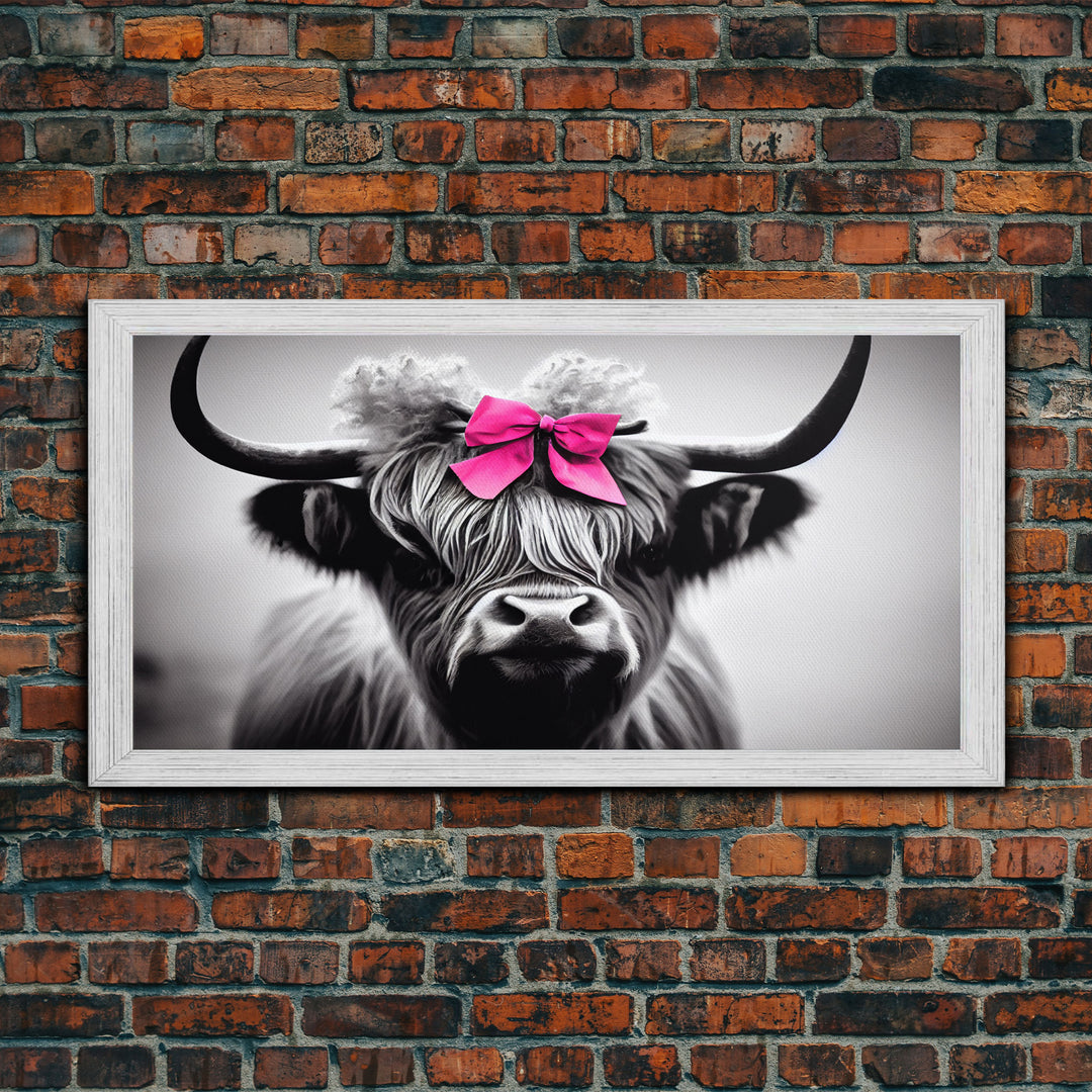 Cute Highland Cow wearing a Bow, Pink Bow on a Cute Cow, framed canvas print, black and white farmhouse cow art