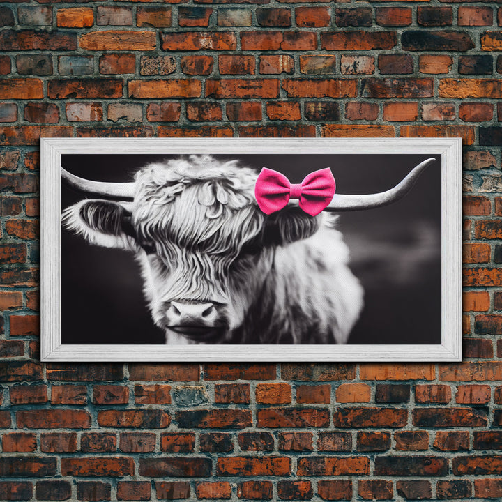 Highland cow canvas wall art, farmhouse decor, black and white cow, cute cow wearing a pink bow, framed canvas print, Scottish cow art