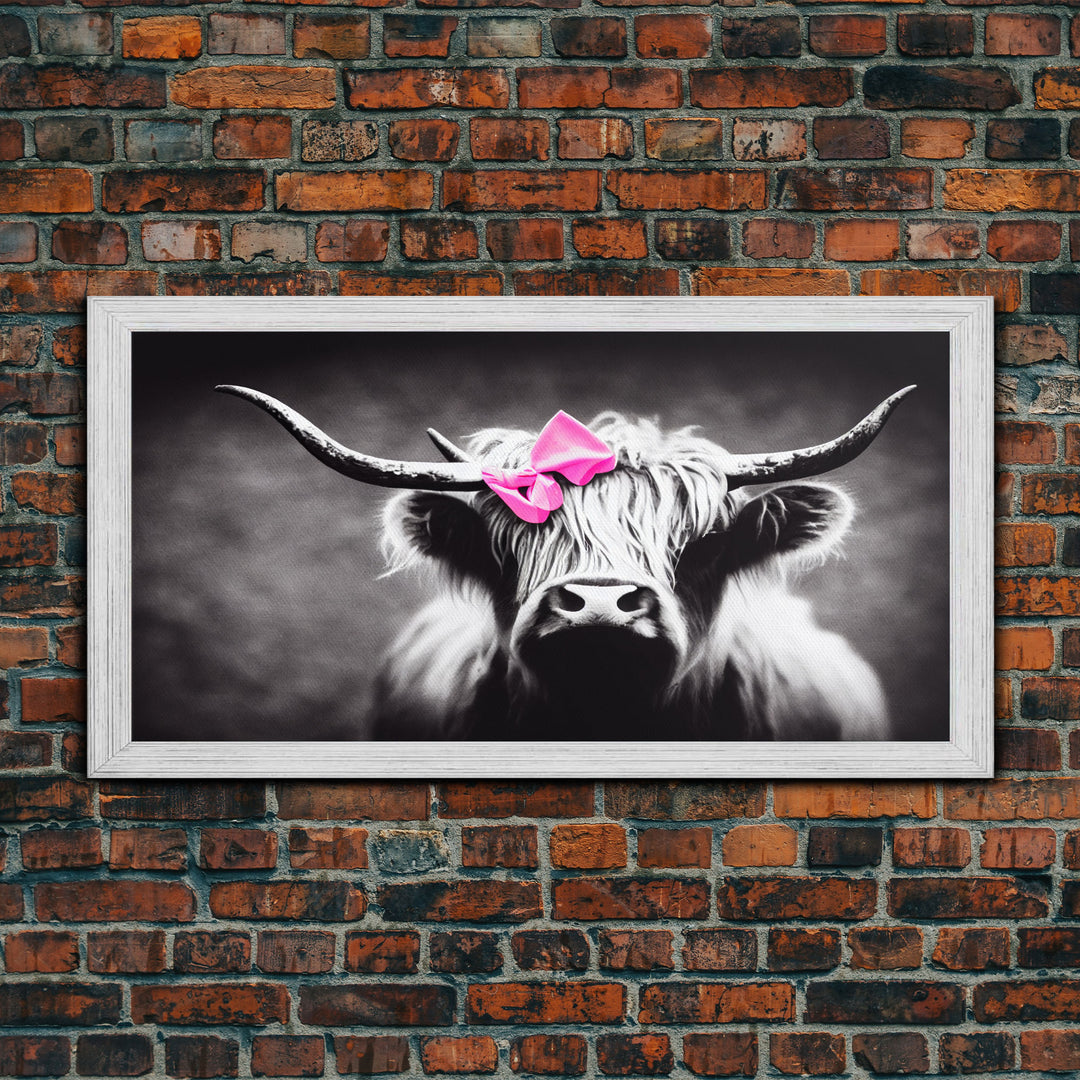 Cute Highland cattle canvas, wall art, Farmhouse decor, Cow Black White print Rustic wall decor Animals painting Scottish cow wall art