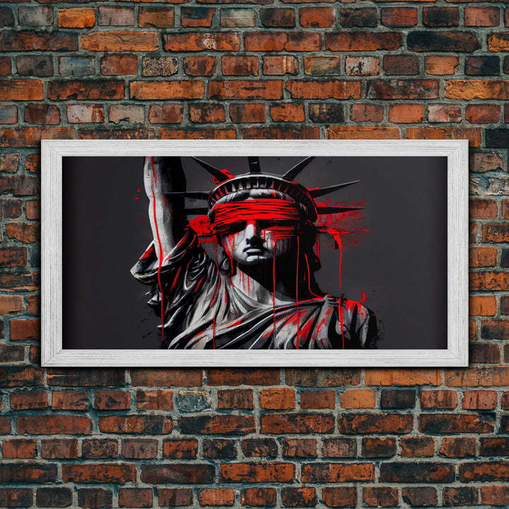 Statue of liberty wearing a bloody blindfold, Dystopian graffiti art, NYC, framed canvas print, pop art Statue of Liberty