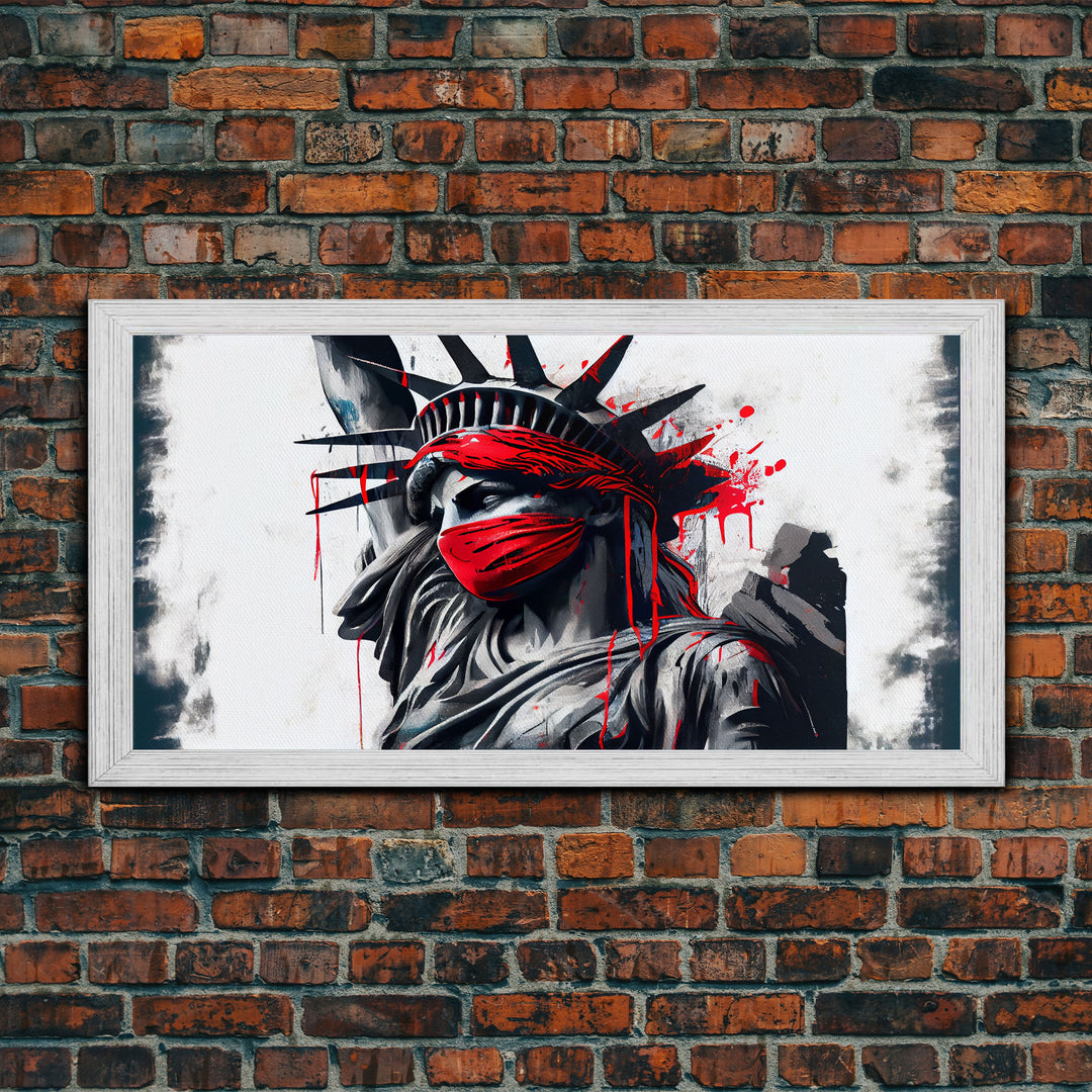 Statue of liberty wearing a bloody Covid mask, Dystopian graffiti art, NYC, framed canvas print, pop art Statue of Liberty