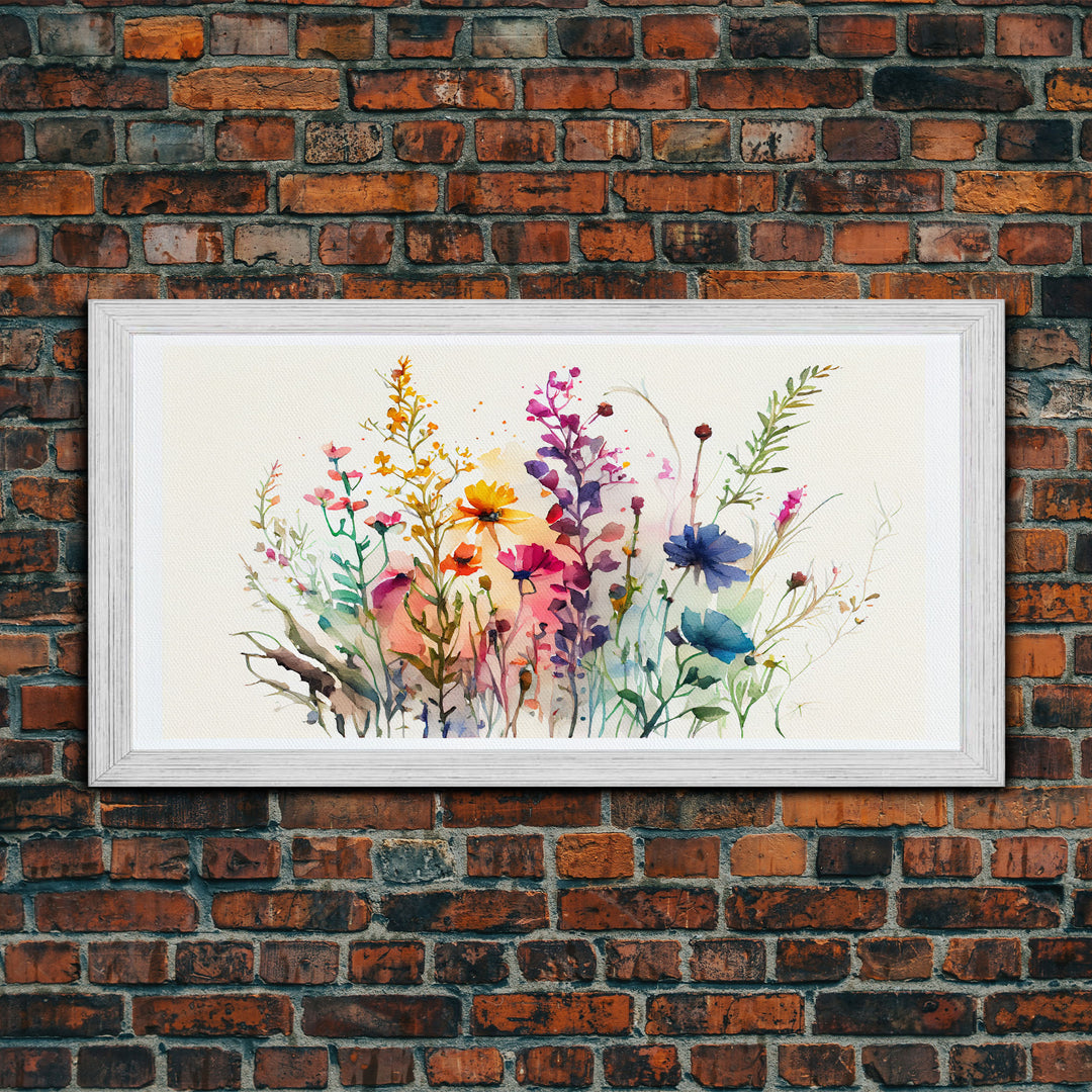 Panoramic Wildflower Canvas Print, Watercolor Flowers, Farmhouse Decor, Meadow Grass, Bedroom Wall Decor, Pastel Colors, Botanical Greenery